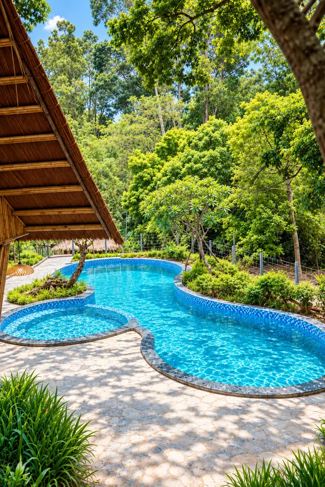 Bể bơi xanh nhìn từ trong chòi tre, cây cối xung quanh